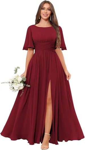 Short Sleeve Bridesmaid Dresses Long A Line Pleated Chiffon Formal Evening Dress with Slit