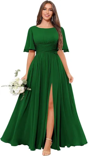 Short Sleeve Bridesmaid Dresses Long A Line Pleated Chiffon Formal Evening Dress with Slit
