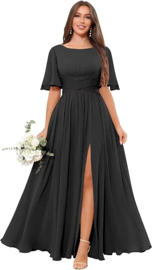 Short Sleeve Bridesmaid Dresses Long A Line Pleated Chiffon Formal Evening Dress with Slit