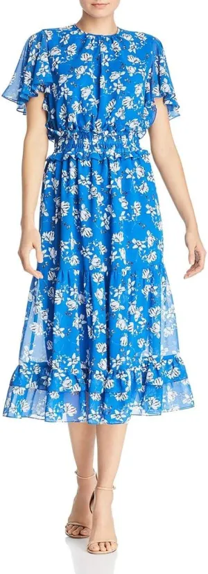 Shoshanna Womens Villa Floral Tie Neck Midi Dress Blue 0