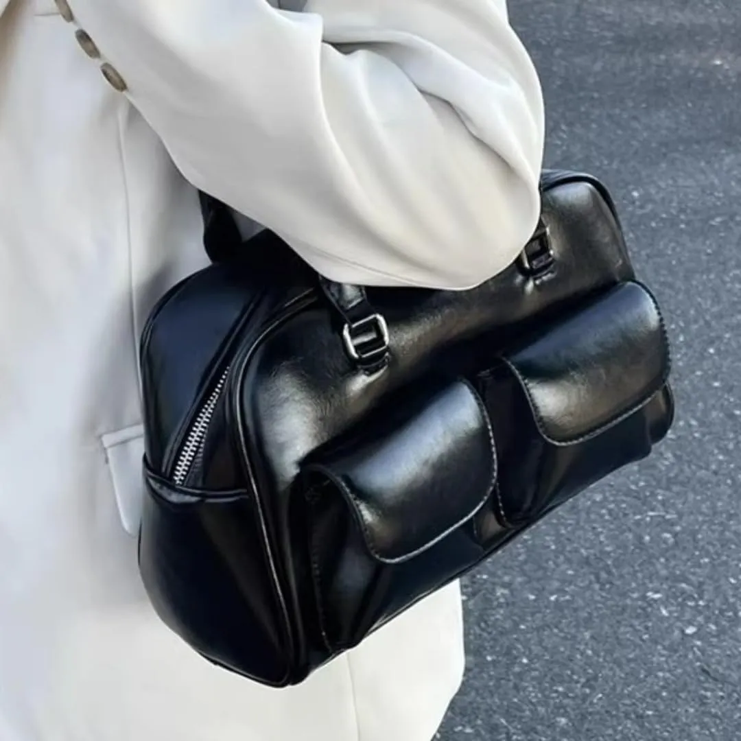 Shoulder Bag Purses for Women Retro Pu Leather Handbag Multi Pocket Top Handle Bag Aesthetic Underarm Bag