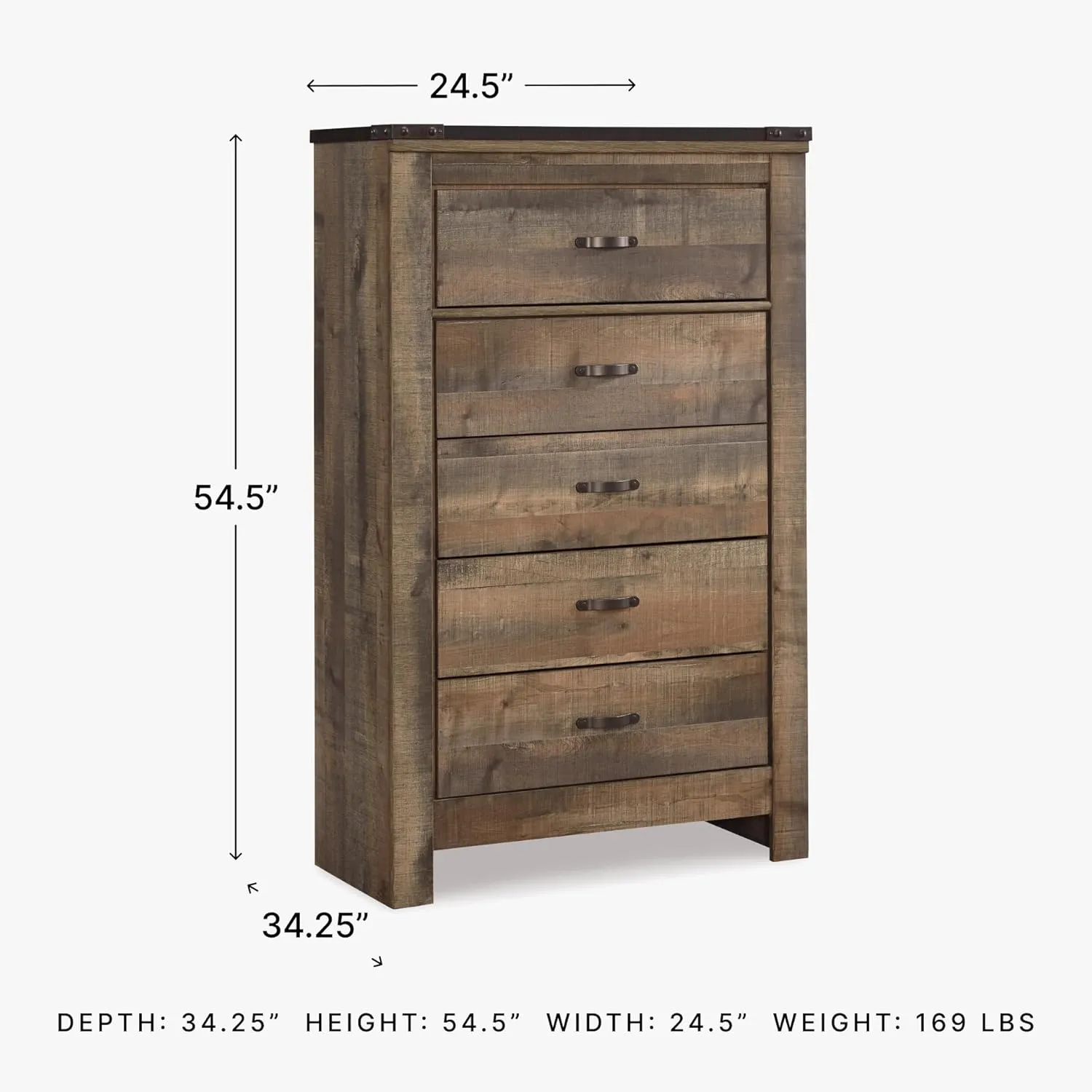 Signature Design by Ashley Trinell Rustic 5 Drawer Chest of Drawers with Nailhead Trim, Warm Brown