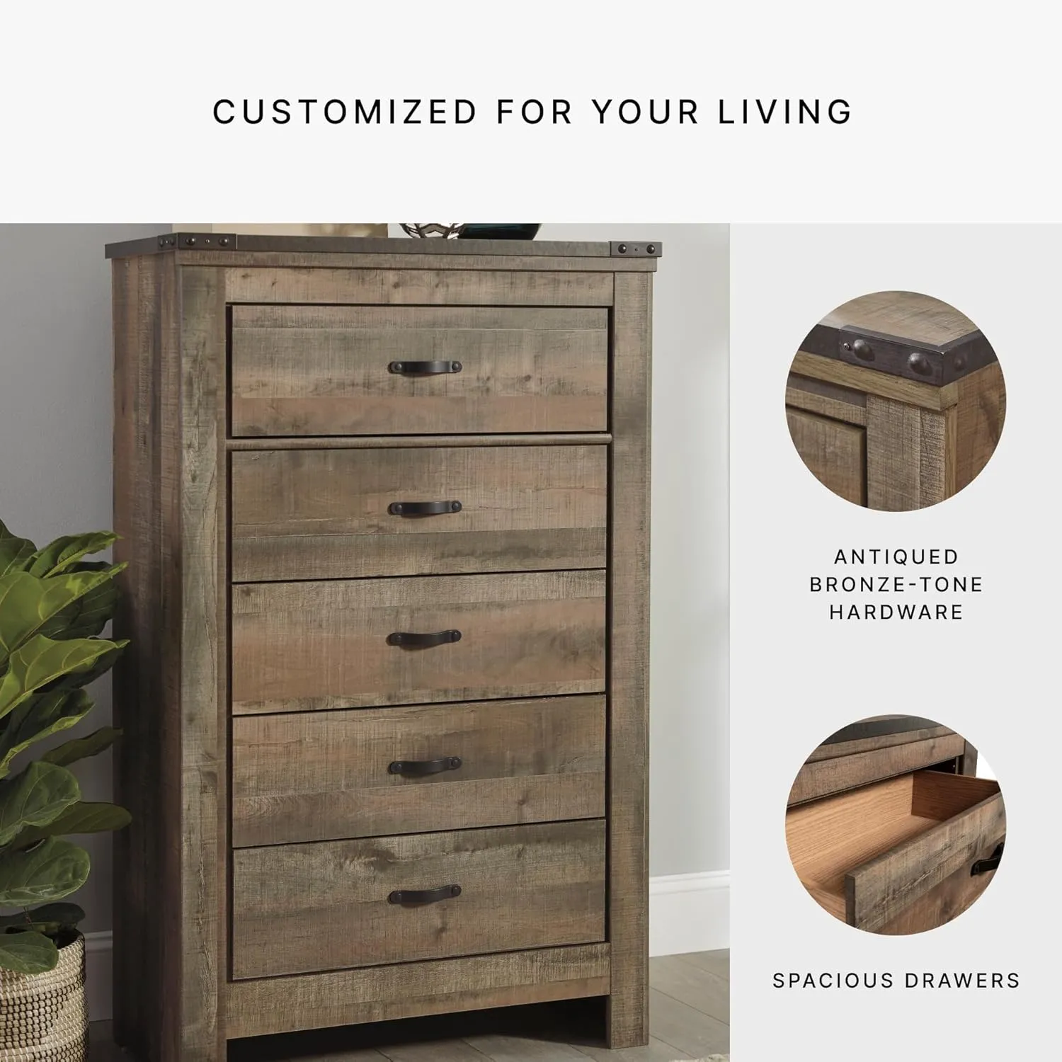 Signature Design by Ashley Trinell Rustic 5 Drawer Chest of Drawers with Nailhead Trim, Warm Brown