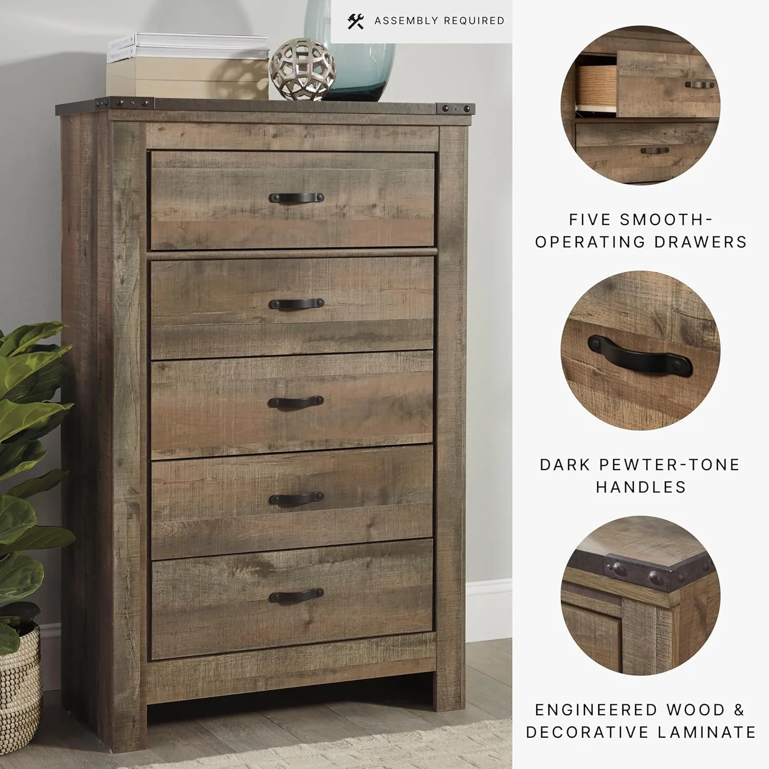 Signature Design by Ashley Trinell Rustic 5 Drawer Chest of Drawers with Nailhead Trim, Warm Brown