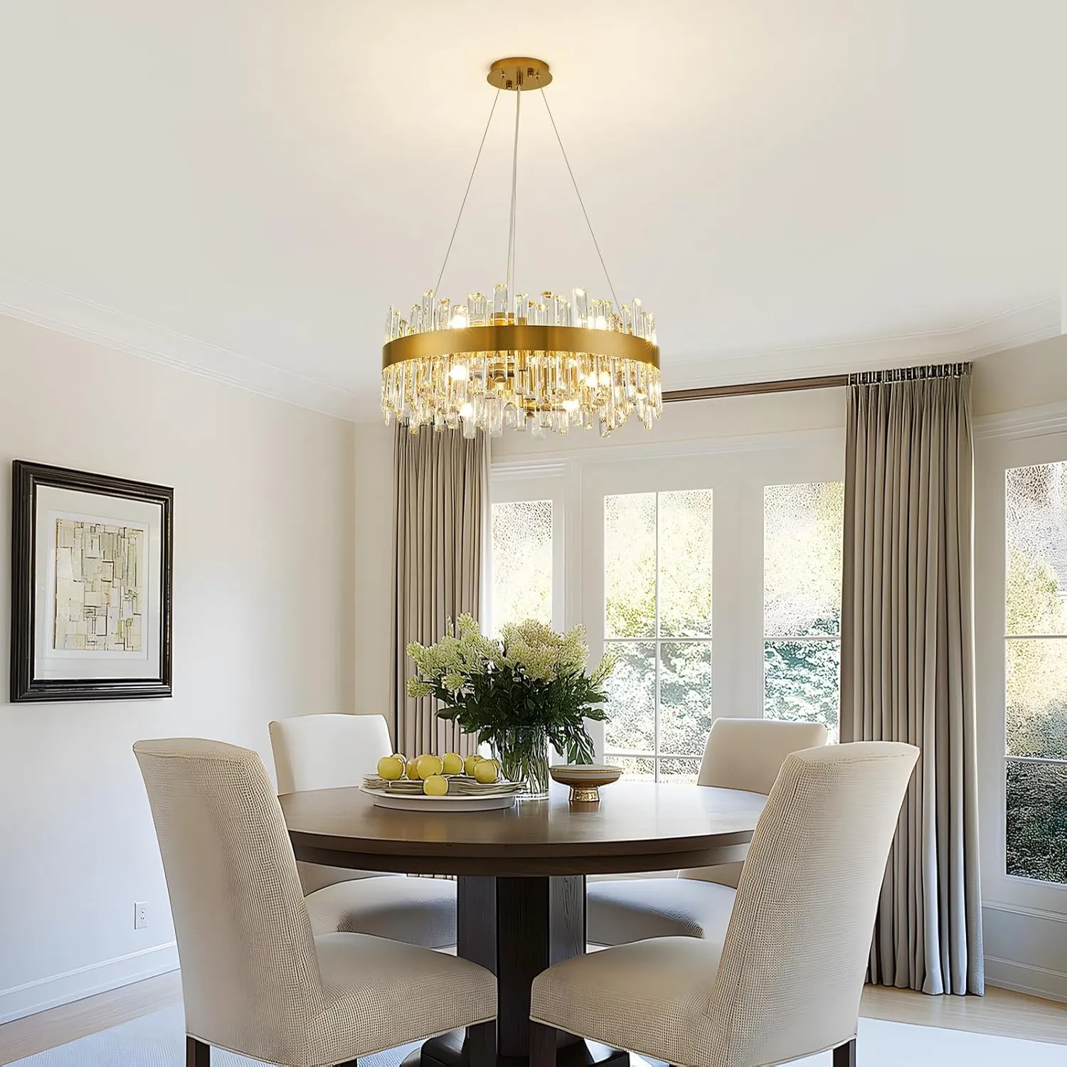 Siljoy Modern Crystal Chandelier 12-Light Brushed Gold 2-Tiers Crystal Raindrop Chandelier Adjustable Flush Mount Pendant Ceiling Light Fixture for Dining Living Room Foyer Entryway D23.6''