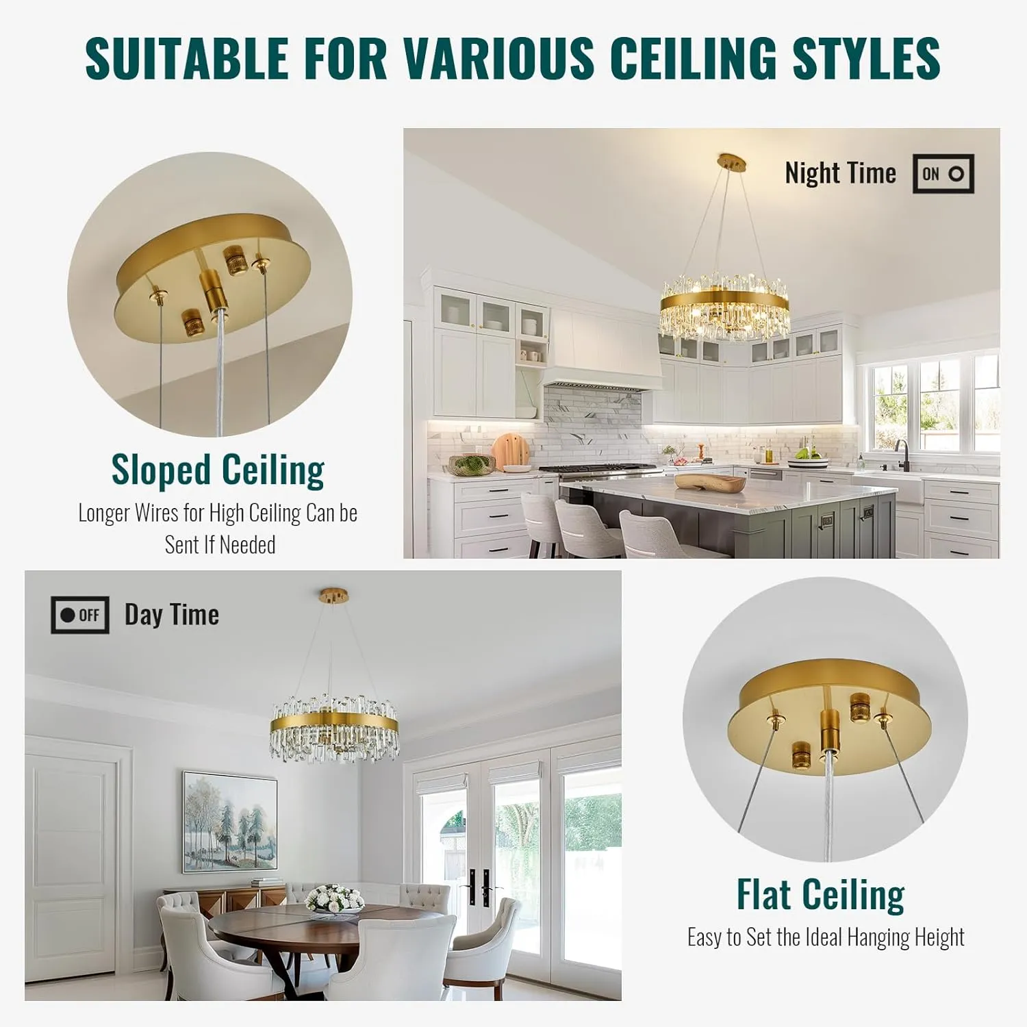 Siljoy Modern Crystal Chandelier 12-Light Brushed Gold 2-Tiers Crystal Raindrop Chandelier Adjustable Flush Mount Pendant Ceiling Light Fixture for Dining Living Room Foyer Entryway D23.6''