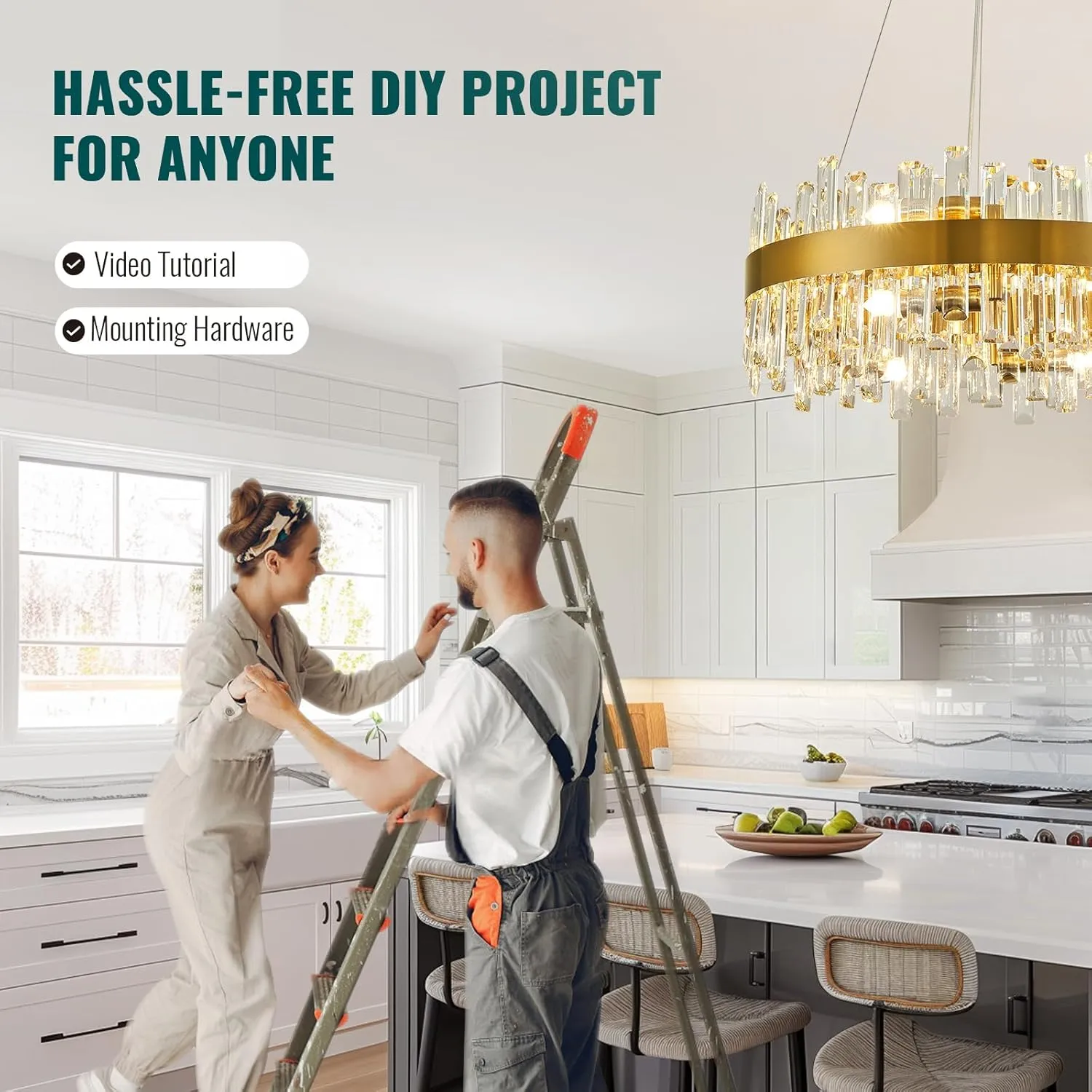 Siljoy Modern Crystal Chandelier 12-Light Brushed Gold 2-Tiers Crystal Raindrop Chandelier Adjustable Flush Mount Pendant Ceiling Light Fixture for Dining Living Room Foyer Entryway D23.6''