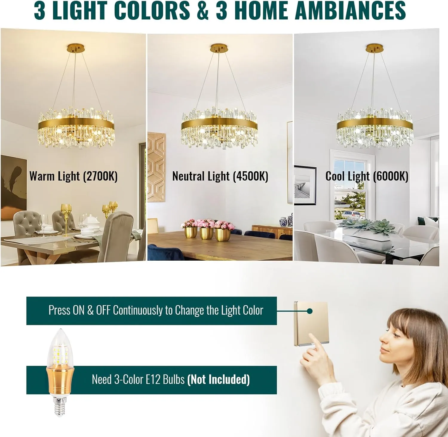 Siljoy Modern Crystal Chandelier 12-Light Brushed Gold 2-Tiers Crystal Raindrop Chandelier Adjustable Flush Mount Pendant Ceiling Light Fixture for Dining Living Room Foyer Entryway D23.6''