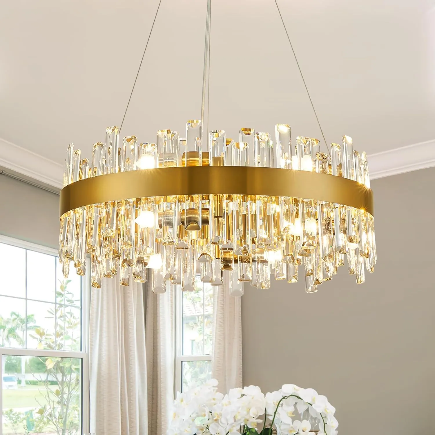 Siljoy Modern Crystal Chandelier 12-Light Brushed Gold 2-Tiers Crystal Raindrop Chandelier Adjustable Flush Mount Pendant Ceiling Light Fixture for Dining Living Room Foyer Entryway D23.6''