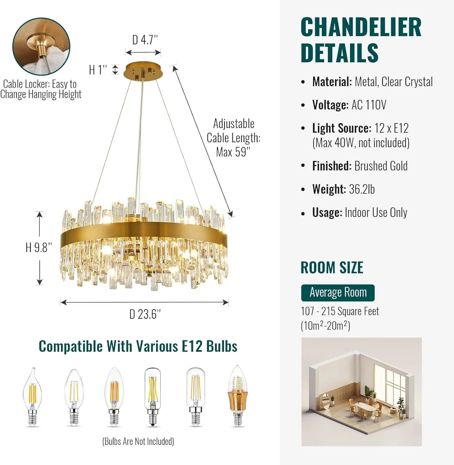 Siljoy Modern Crystal Chandelier 12-Light Brushed Gold 2-Tiers Crystal Raindrop Chandelier Adjustable Flush Mount Pendant Ceiling Light Fixture for Dining Living Room Foyer Entryway D23.6''