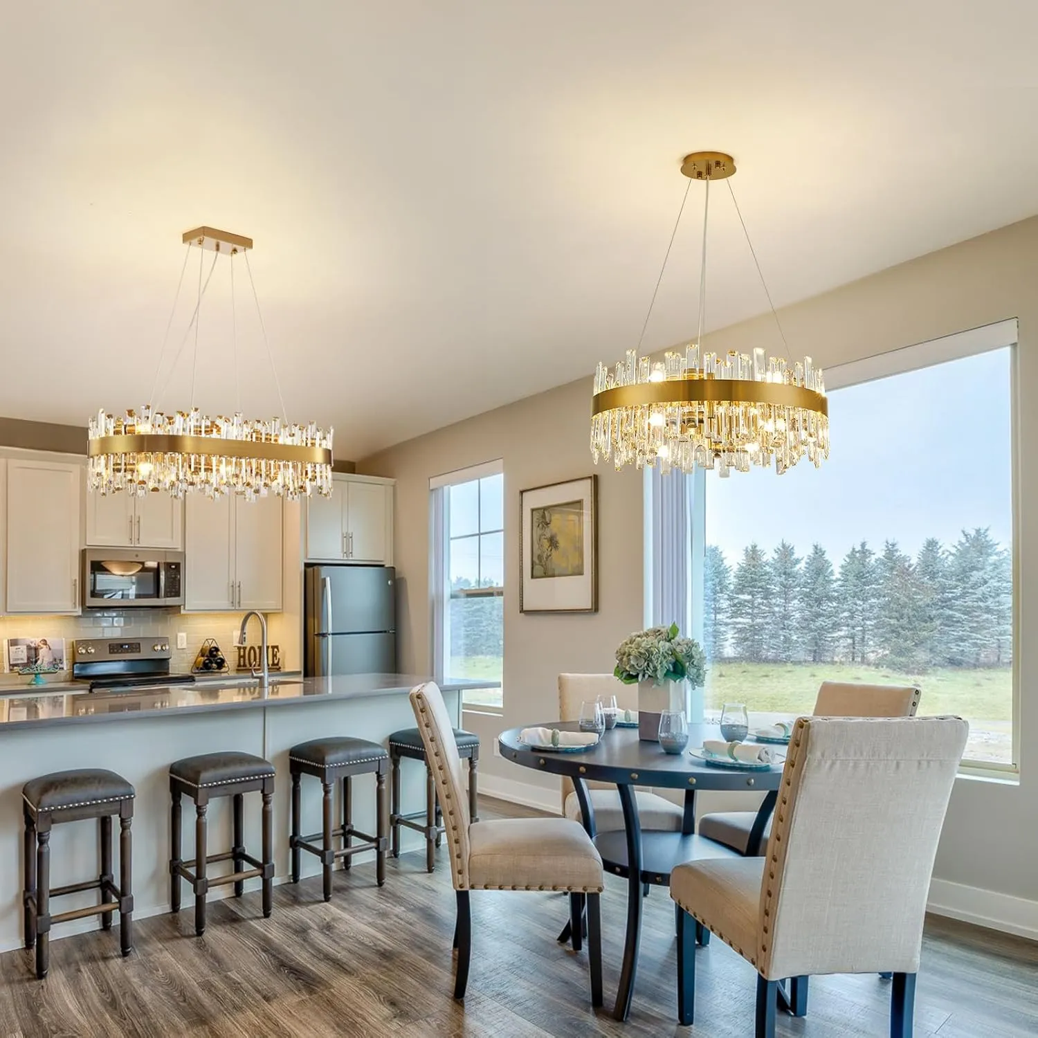 Siljoy Modern Crystal Chandelier 12-Light Brushed Gold 2-Tiers Crystal Raindrop Chandelier Adjustable Flush Mount Pendant Ceiling Light Fixture for Dining Living Room Foyer Entryway D23.6''
