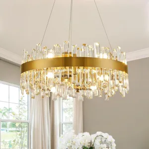 Siljoy Modern Crystal Chandelier 12-Light Brushed Gold 2-Tiers Crystal Raindrop Chandelier Adjustable Flush Mount Pendant Ceiling Light Fixture for Dining Living Room Foyer Entryway D23.6''