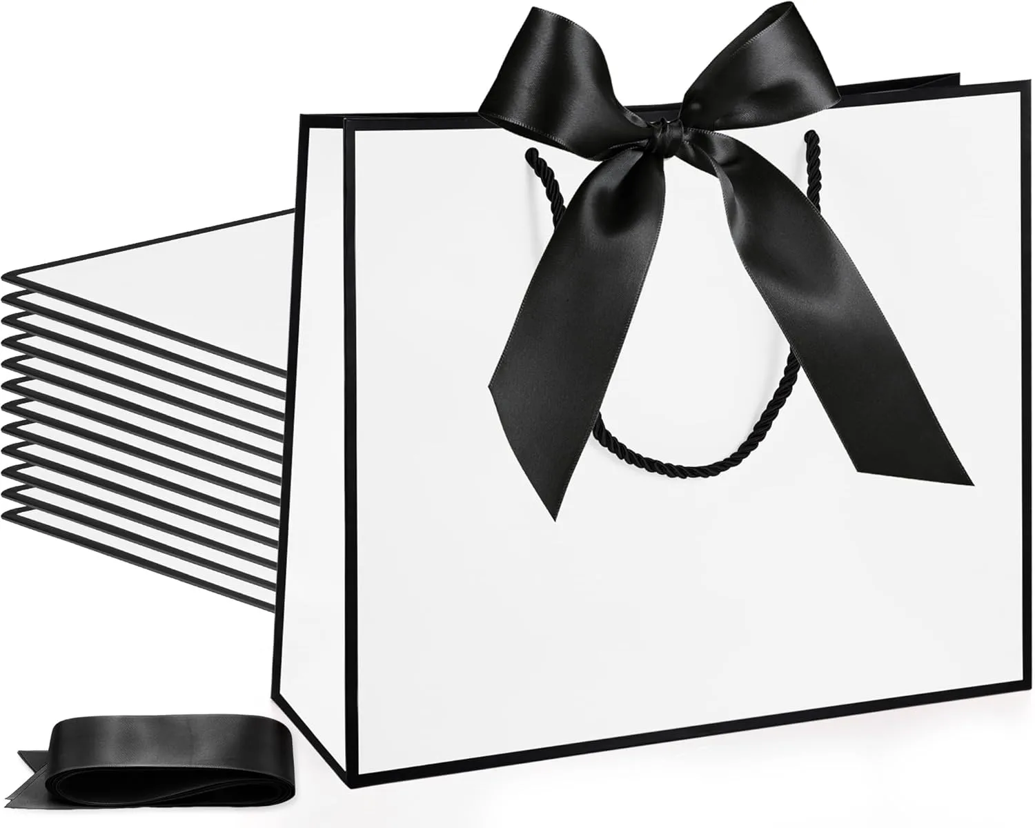 Silkfly 12 Pcs Thank You Gift Bags with Handle 11.8x10x4'' Welcome Bags Return Gifts with Bow Ribbon for Bridesmaid Baby Shower Mother's Day Graduation Wedding Housewarming Birthday(White, Black)