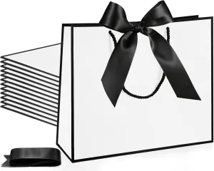 Silkfly 12 Pcs Thank You Gift Bags with Handle 11.8x10x4'' Welcome Bags Return Gifts with Bow Ribbon for Bridesmaid Baby Shower Mother's Day Graduation Wedding Housewarming Birthday(White, Black)