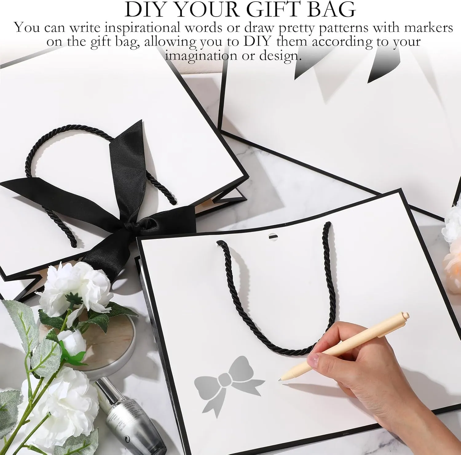 Silkfly 12 Pcs Thank You Gift Bags with Handle 11.8x10x4'' Welcome Bags Return Gifts with Bow Ribbon for Bridesmaid Baby Shower Mother's Day Graduation Wedding Housewarming Birthday(White, Black)