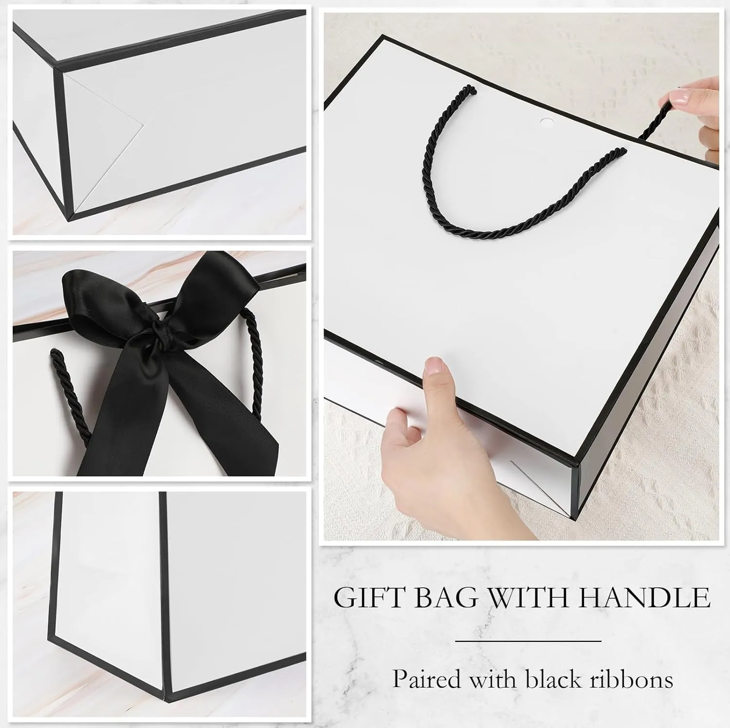 Silkfly 12 Pcs Thank You Gift Bags with Handle 11.8x10x4'' Welcome Bags Return Gifts with Bow Ribbon for Bridesmaid Baby Shower Mother's Day Graduation Wedding Housewarming Birthday(White, Black)