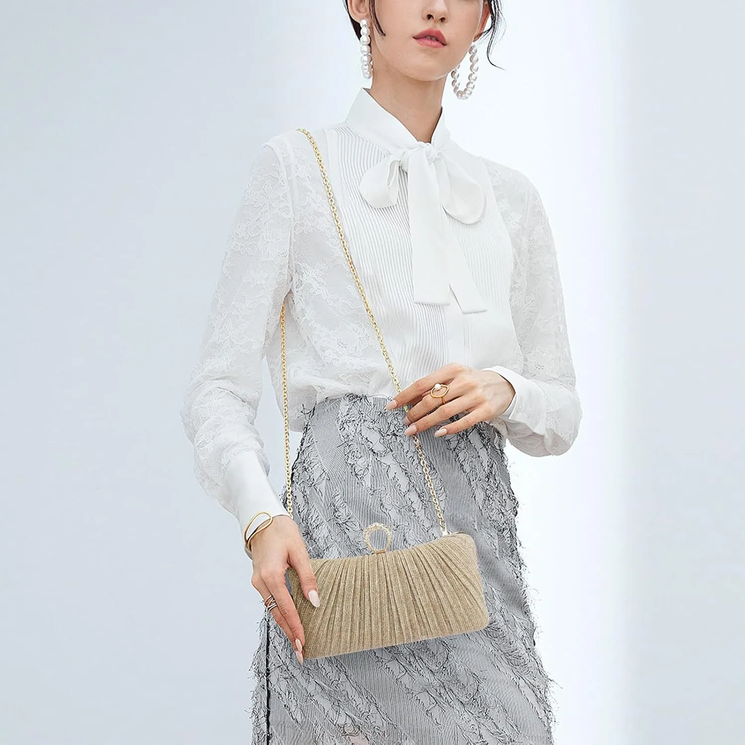 Simcat Women Gold Clutch Purses Glitter Evening Handbag Pleated Evening Bag for Lady Formal Bridal Wedding Prom