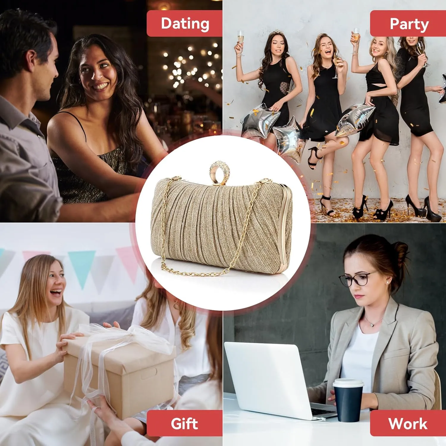 Simcat Women Gold Clutch Purses Glitter Evening Handbag Pleated Evening Bag for Lady Formal Bridal Wedding Prom