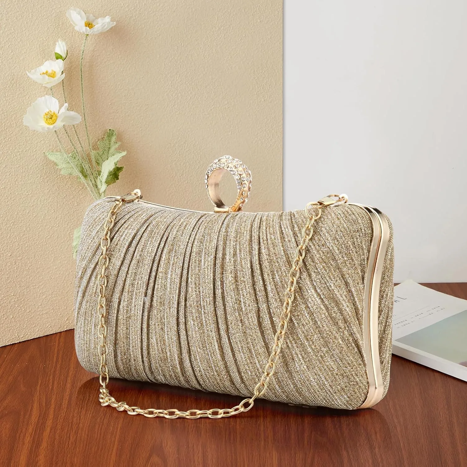 Simcat Women Gold Clutch Purses Glitter Evening Handbag Pleated Evening Bag for Lady Formal Bridal Wedding Prom