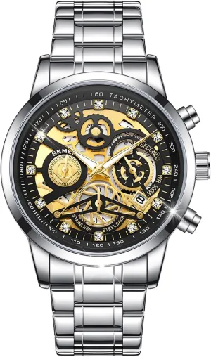 SKMEI Watch for Men, Upgraded Gear Design Mens Skeleton Watch, Chronograph Luxury Diamond Dress Business Analog Quartz Wrist Watches for Men, 100fts Waterproof Luminous Moon Phase, Unique Gift for Mens