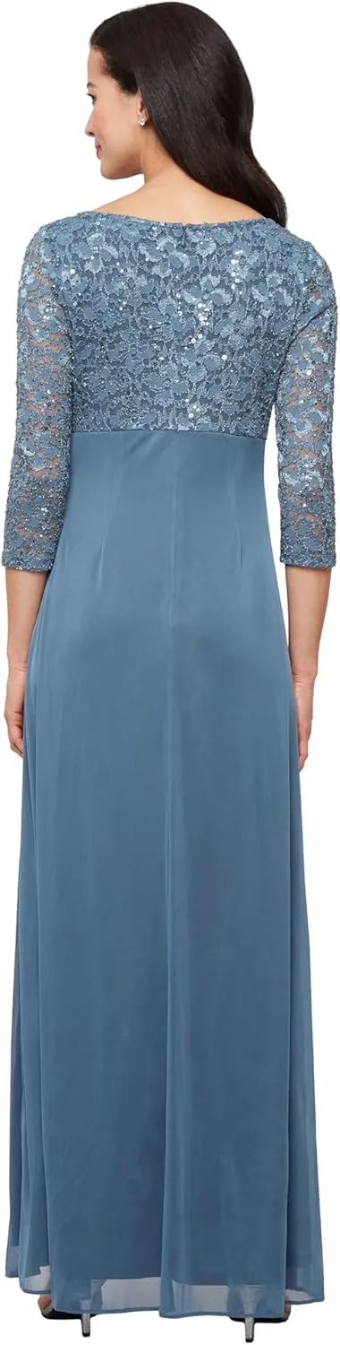 S.L. Fashions Women's Long Mother of The Bride Dress with Stretch Lace Bodice & Hip Embellishment (Petite and Regular Sizes)