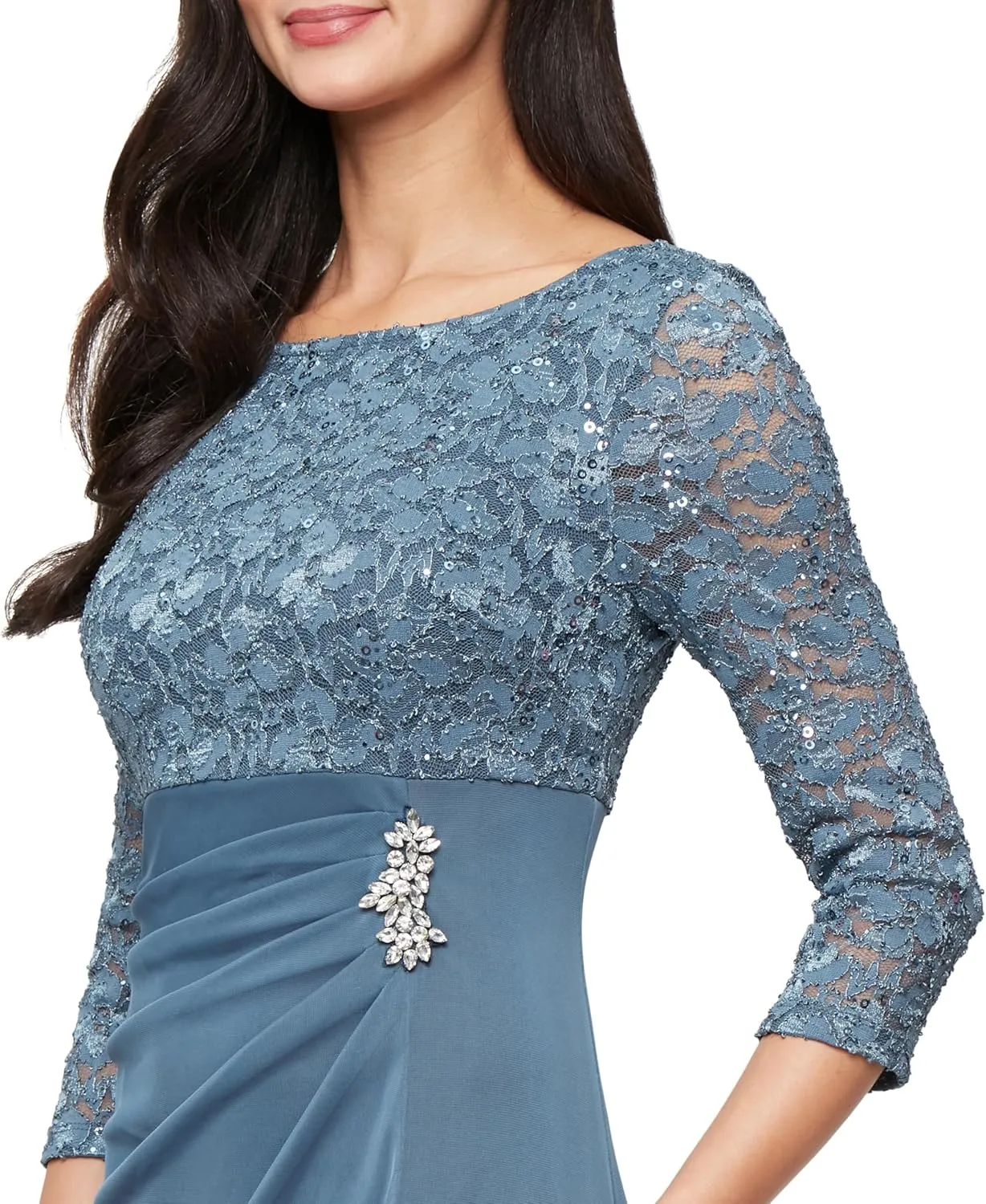 S.L. Fashions Women's Long Mother of The Bride Dress with Stretch Lace Bodice & Hip Embellishment (Petite and Regular Sizes)