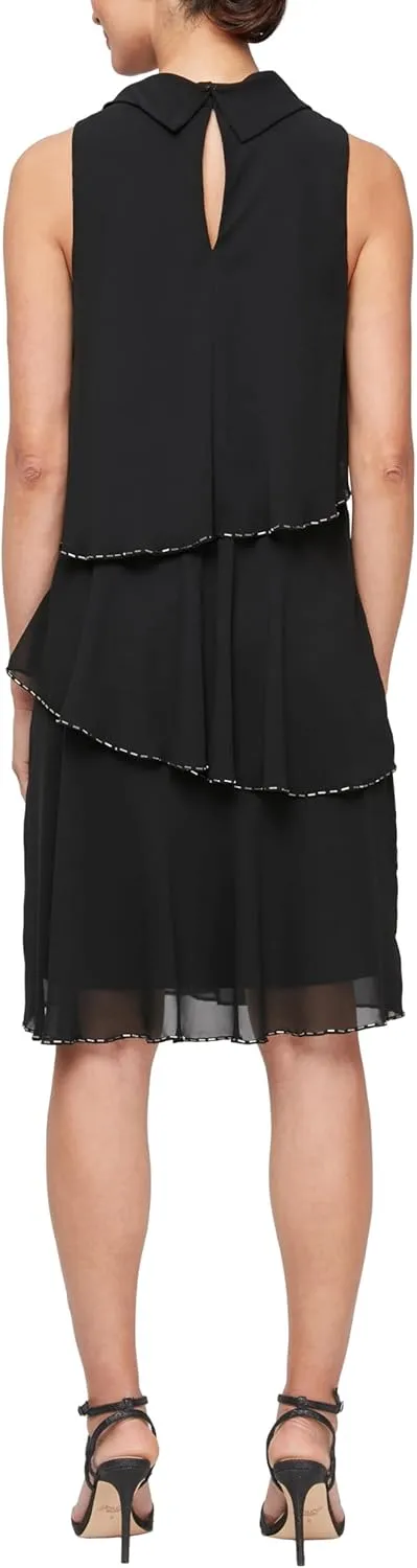 S.L. Fashions Women's Short Sleeveless Tiered Cocktail Dress with Tie Neckline