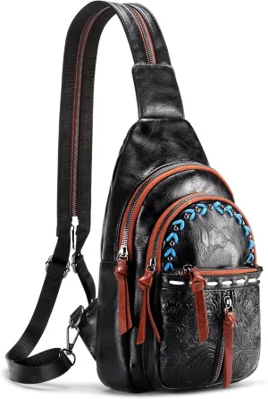 Sling Bag Crossbody Bags for Women Trendy Leather Fanny Packs Chest Bag Sling Crossbody Backpack for Travel (Black With Brown)