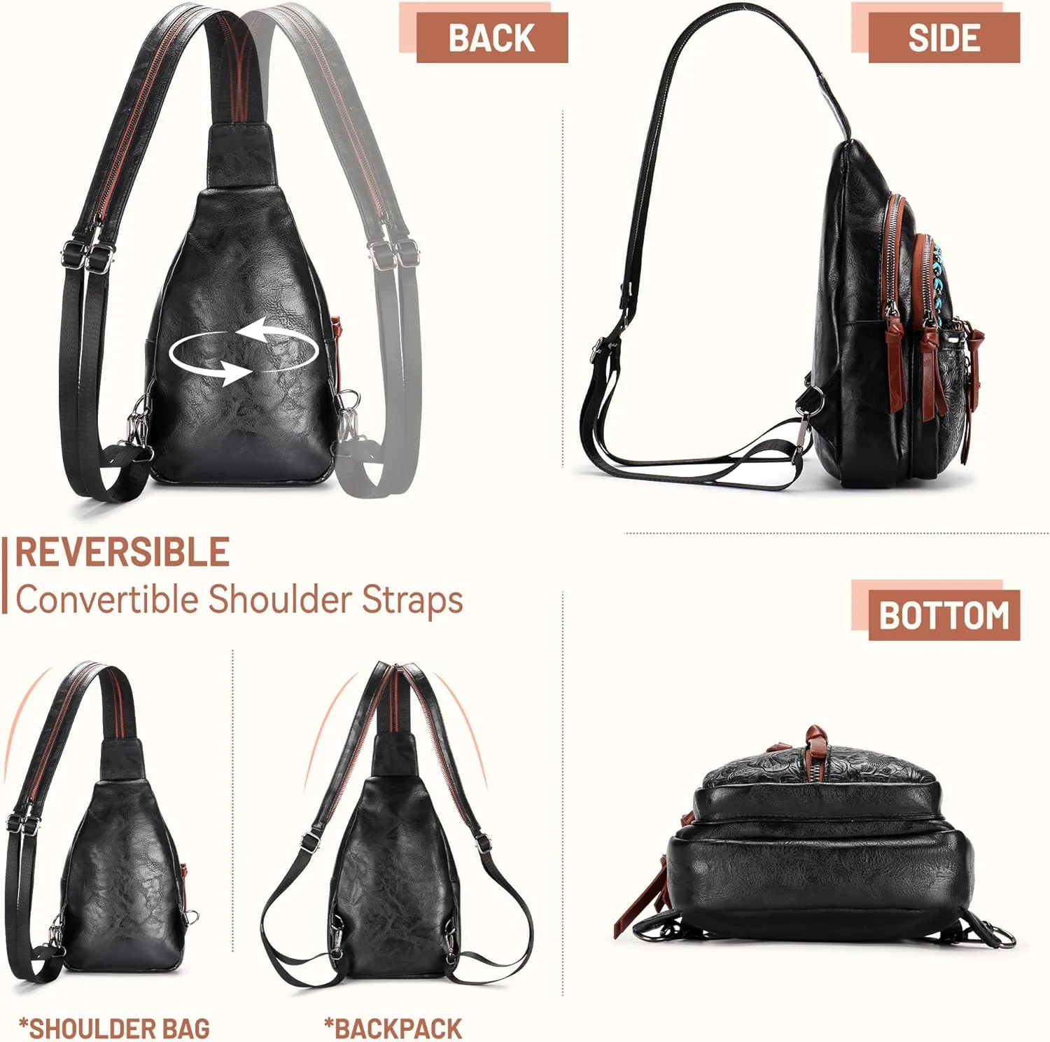 Sling Bag Crossbody Bags for Women Trendy Leather Fanny Packs Chest Bag Sling Crossbody Backpack for Travel (Black With Brown)