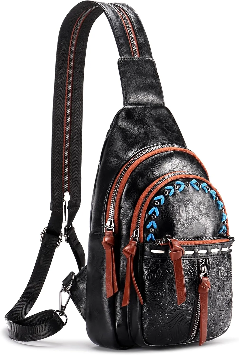 Sling Bag Crossbody Bags for Women Trendy Leather Fanny Packs Chest Bag Sling Crossbody Backpack for Travel (Black With Brown)