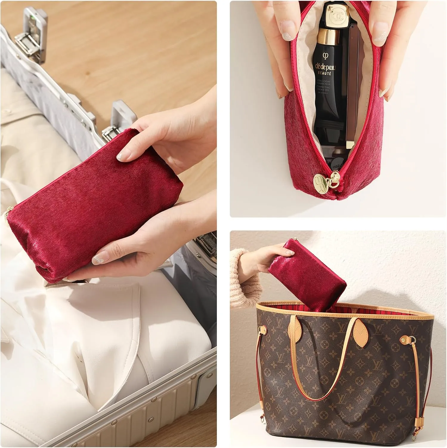 Small Makeup Bag for Purse，Red Cosmetic Travel Bag for Women, Cute Make Up Pouch for Accessories