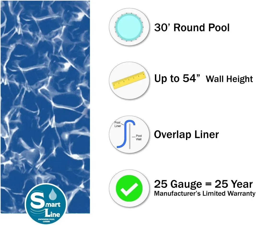 Smartline 30 ft Round Swimming Pool Liner | Sunlight | Overlap Style | 54 Inch Wall Height | 25 Gauge Heavy Duty Virgin Vinyl | Designed for Steel Sided Above Ground Pools