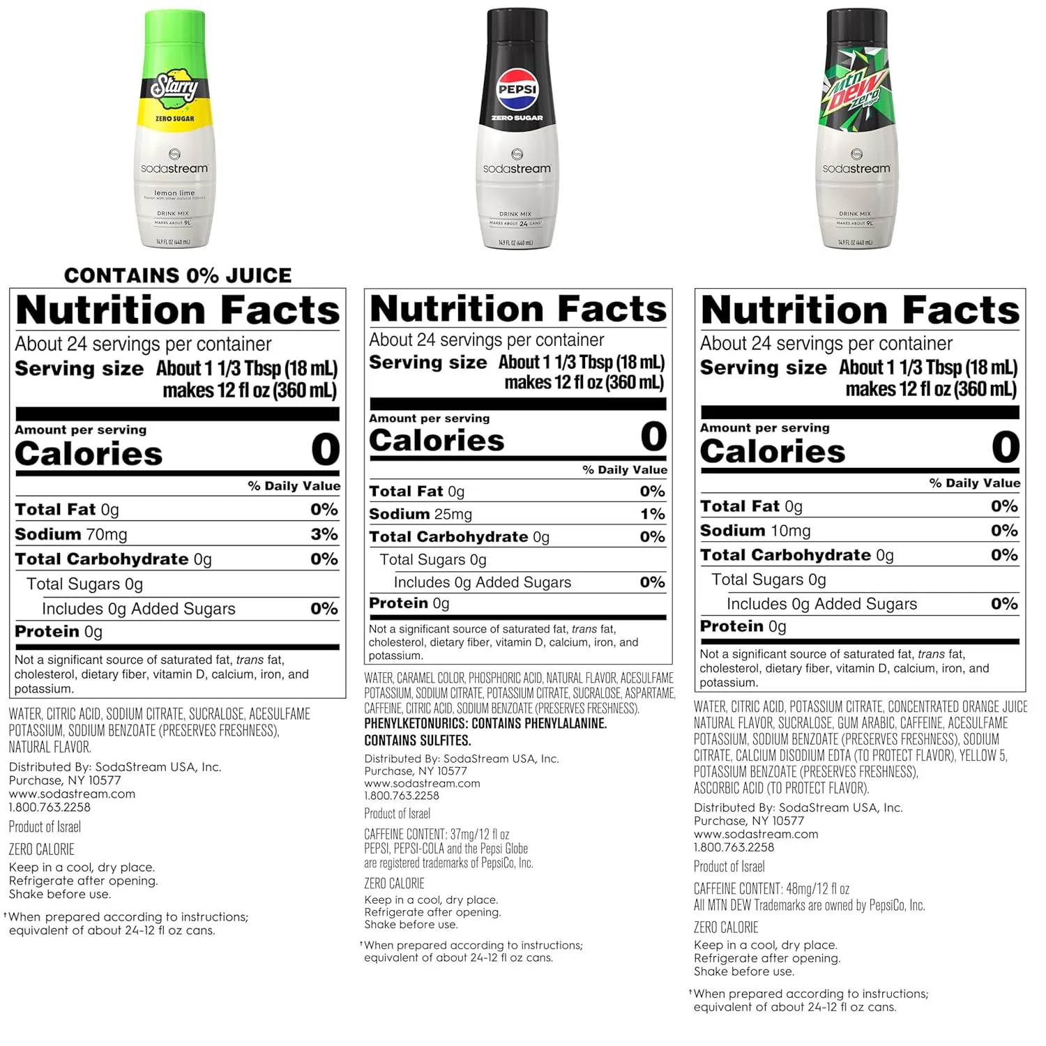 SodaStream Pepsi, Starry & MTN Dew Variety Pack, Zero Sugar, 440ml, (Pack of 3)