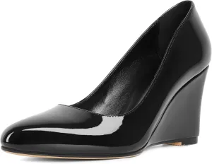 Soireelady Wedge Heel Pumps Round Closed Toe Slip On High Heel Wedges Comfortable Dress Shoes 3.5 Inches