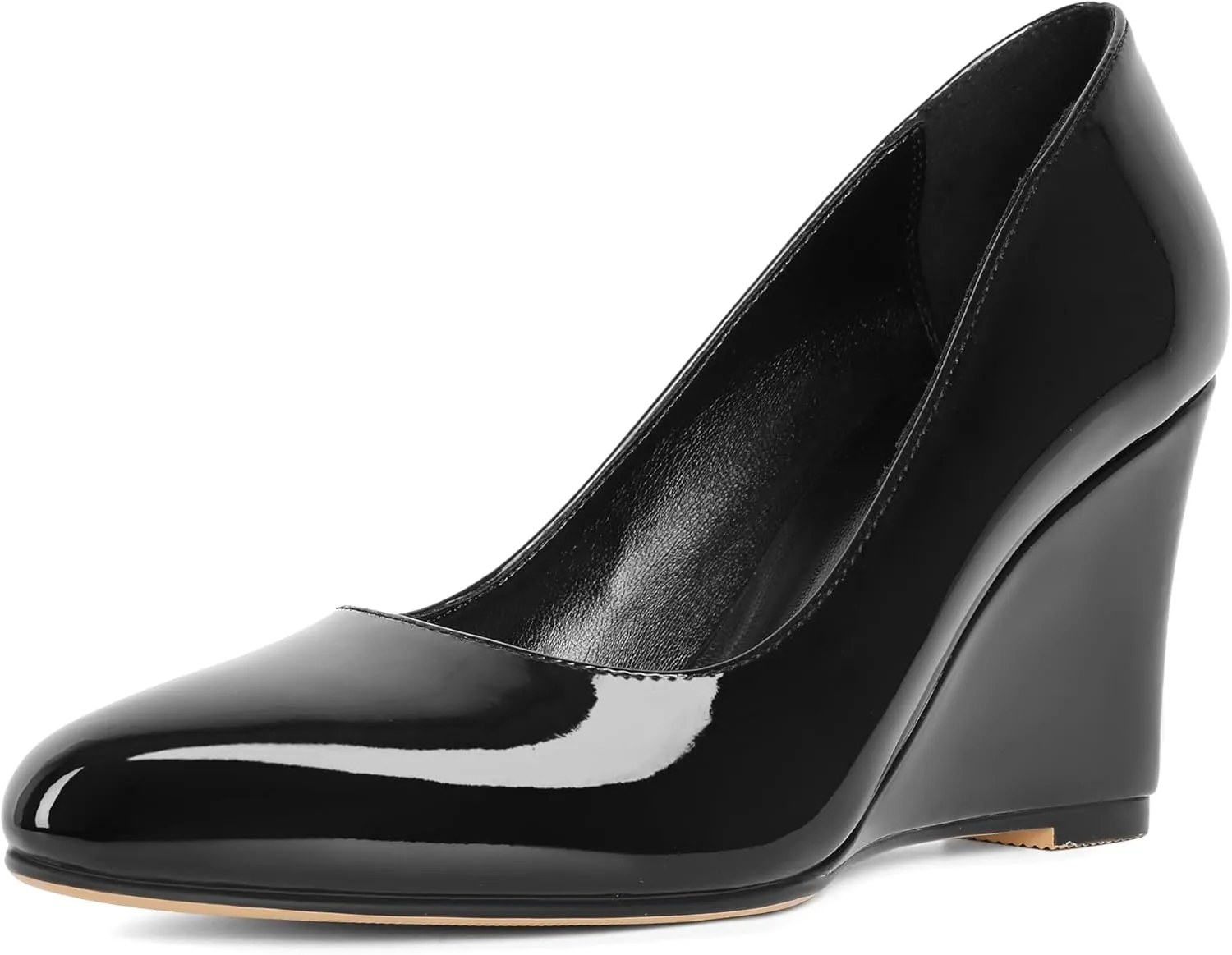 Soireelady Wedge Heel Pumps Round Closed Toe Slip On High Heel Wedges Comfortable Dress Shoes 3.5 Inches