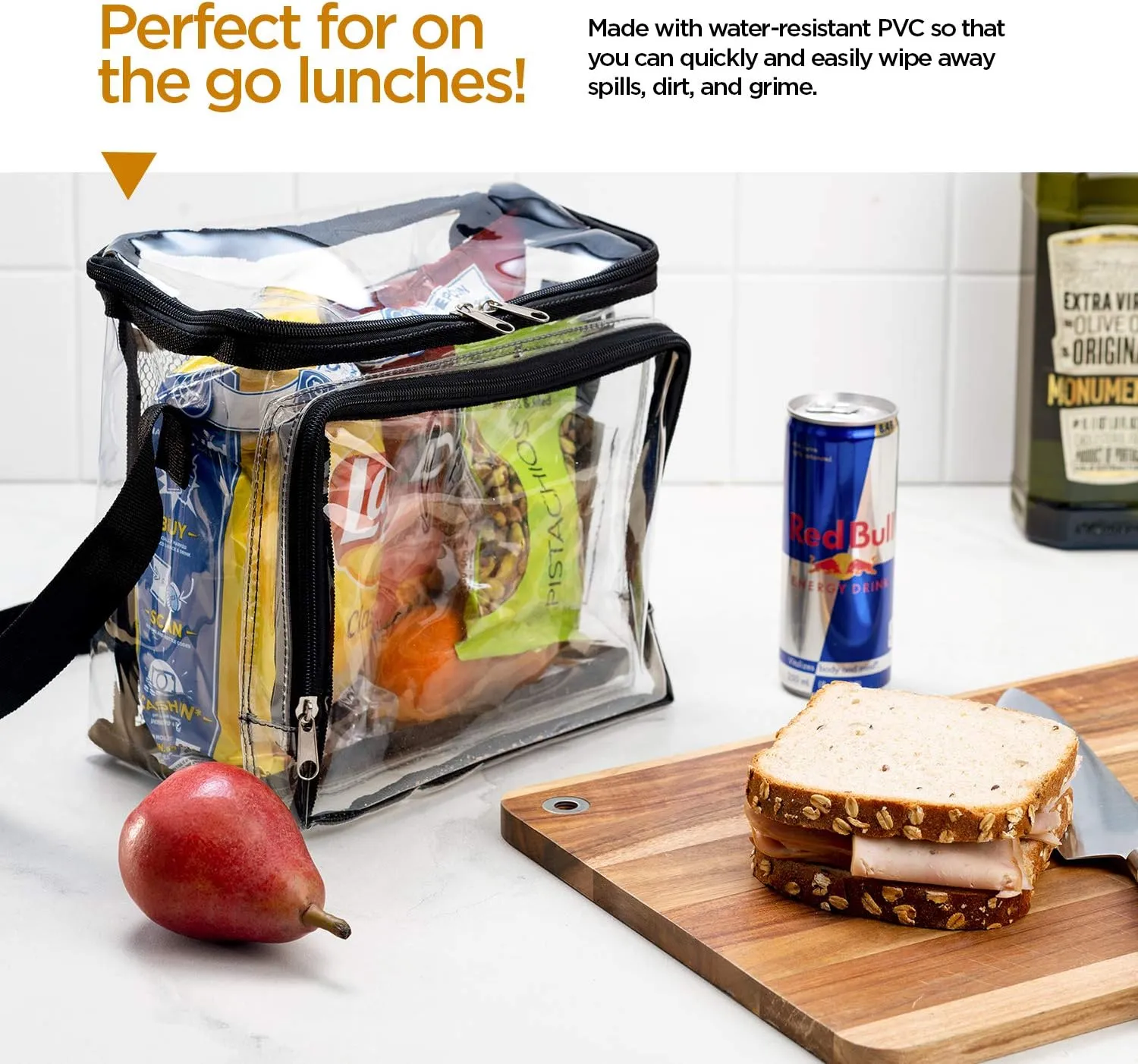 SP HOME GOODS Stadium Approved Clear lunch Bag with Adjustable Strap, Front Storage Compartment, and Mesh Pockets - See Through Zippered Clear lunch Bags for Work, Concerts, (Black 5 Pack)
