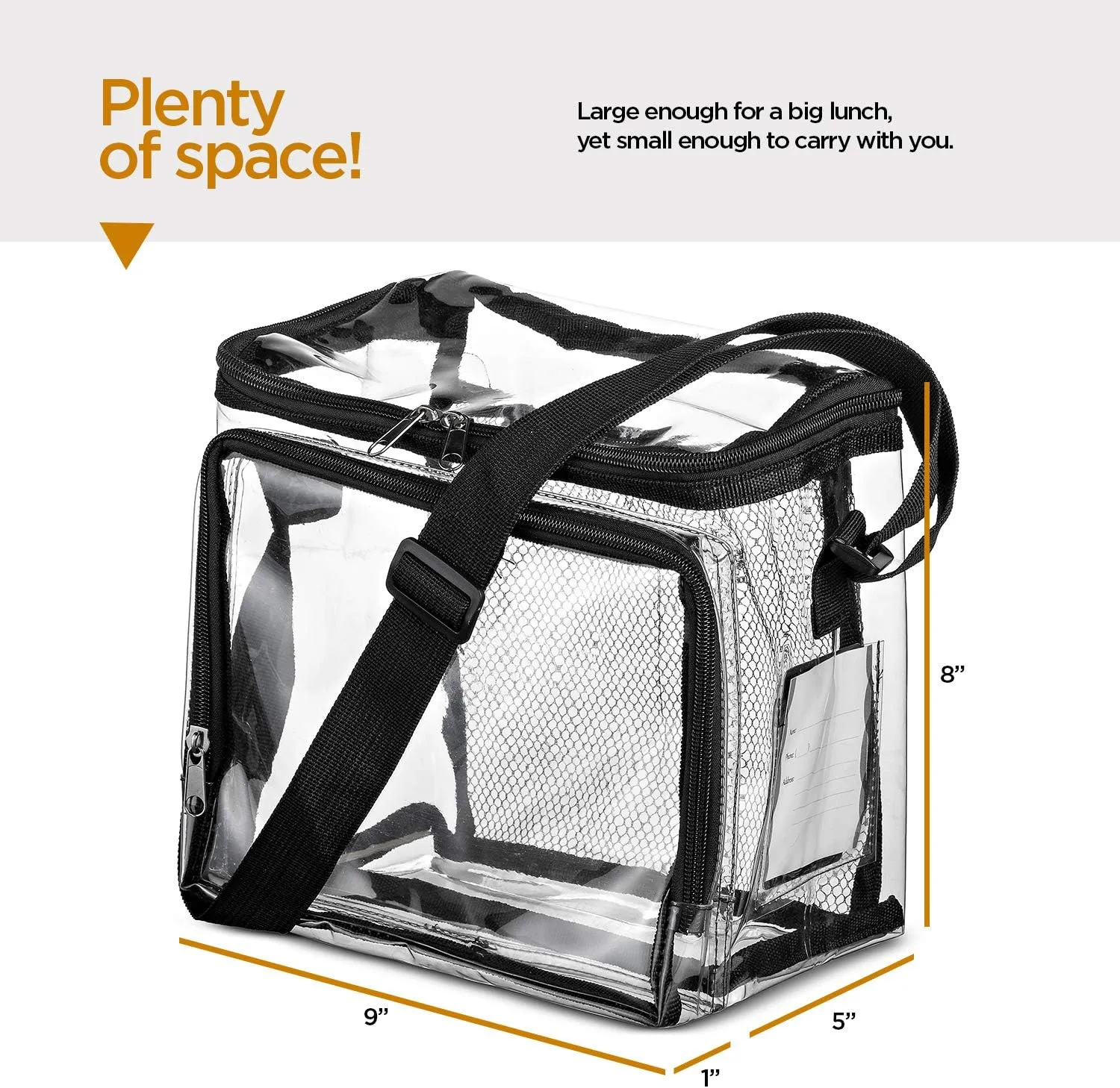 SP HOME GOODS Stadium Approved Clear lunch Bag with Adjustable Strap, Front Storage Compartment, and Mesh Pockets - See Through Zippered Clear lunch Bags for Work, Concerts, (Black 5 Pack)