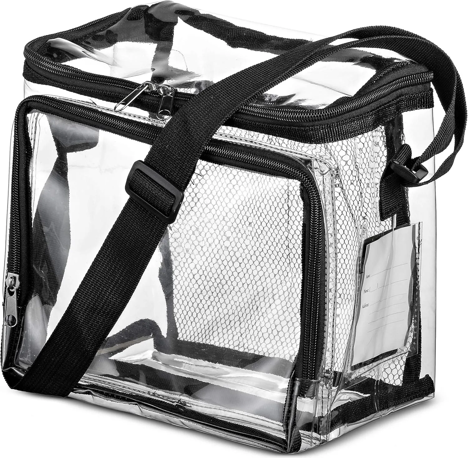 SP HOME GOODS Stadium Approved Clear lunch Bag with Adjustable Strap, Front Storage Compartment, and Mesh Pockets - See Through Zippered Clear lunch Bags for Work, Concerts, (Black 5 Pack)