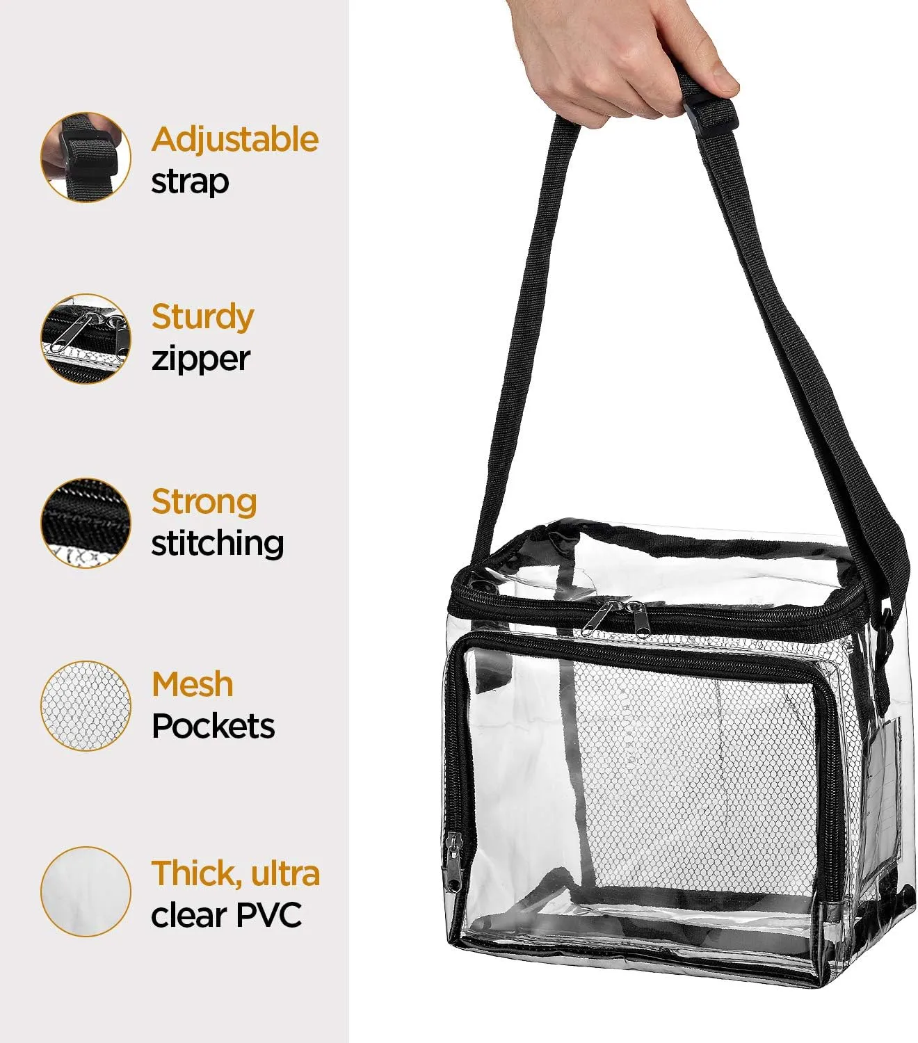 SP HOME GOODS Stadium Approved Clear lunch Bag with Adjustable Strap, Front Storage Compartment, and Mesh Pockets - See Through Zippered Clear lunch Bags for Work, Concerts, (Black 5 Pack)