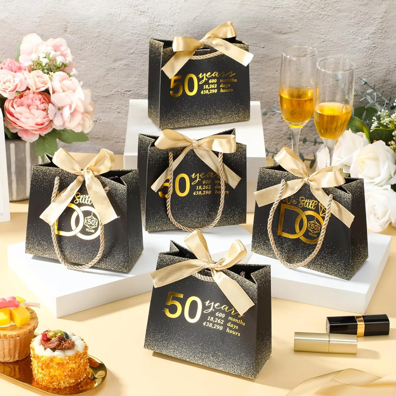Spakon 25 Pcs 50th Gift Bags with Ribbons Handle Birthday Anniversary Party Favors for Guests Black and Gold We Still Do Gift Bags Men Women Christmas Wedding Supplies