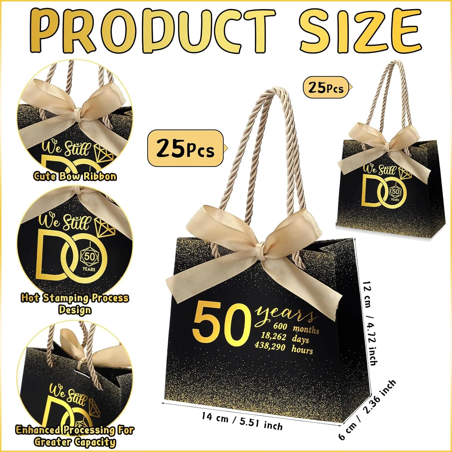 Spakon 25 Pcs 50th Gift Bags with Ribbons Handle Birthday Anniversary Party Favors for Guests Black and Gold We Still Do Gift Bags Men Women Christmas Wedding Supplies