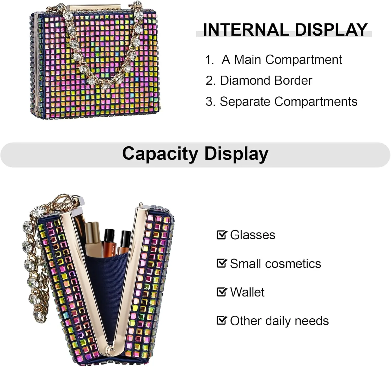 Sparkling Evening Clutches for Women Top Handle Rhinestone Handbags Ladies Luxury Cocktail Party Bling Chain Satche