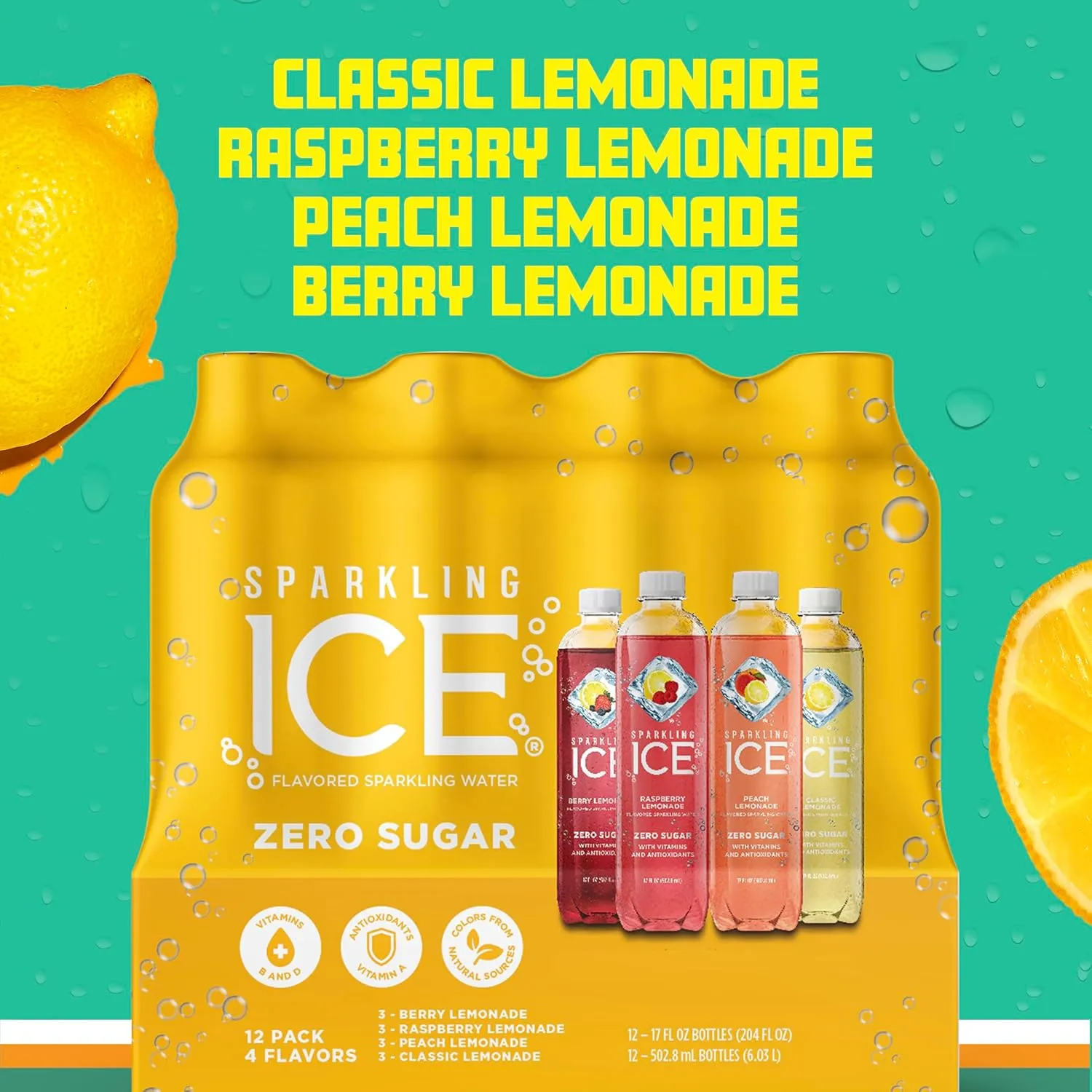 Sparkling Ice Lemonade Variety Pack, Flavored Sparkling Water, Zero Sugar, with Vitamins and Antioxidants, 17 fl oz, 12 count (Berry Lemonade, Raspberry Lemonade, Peach Lemonade, Classic Lemonade)