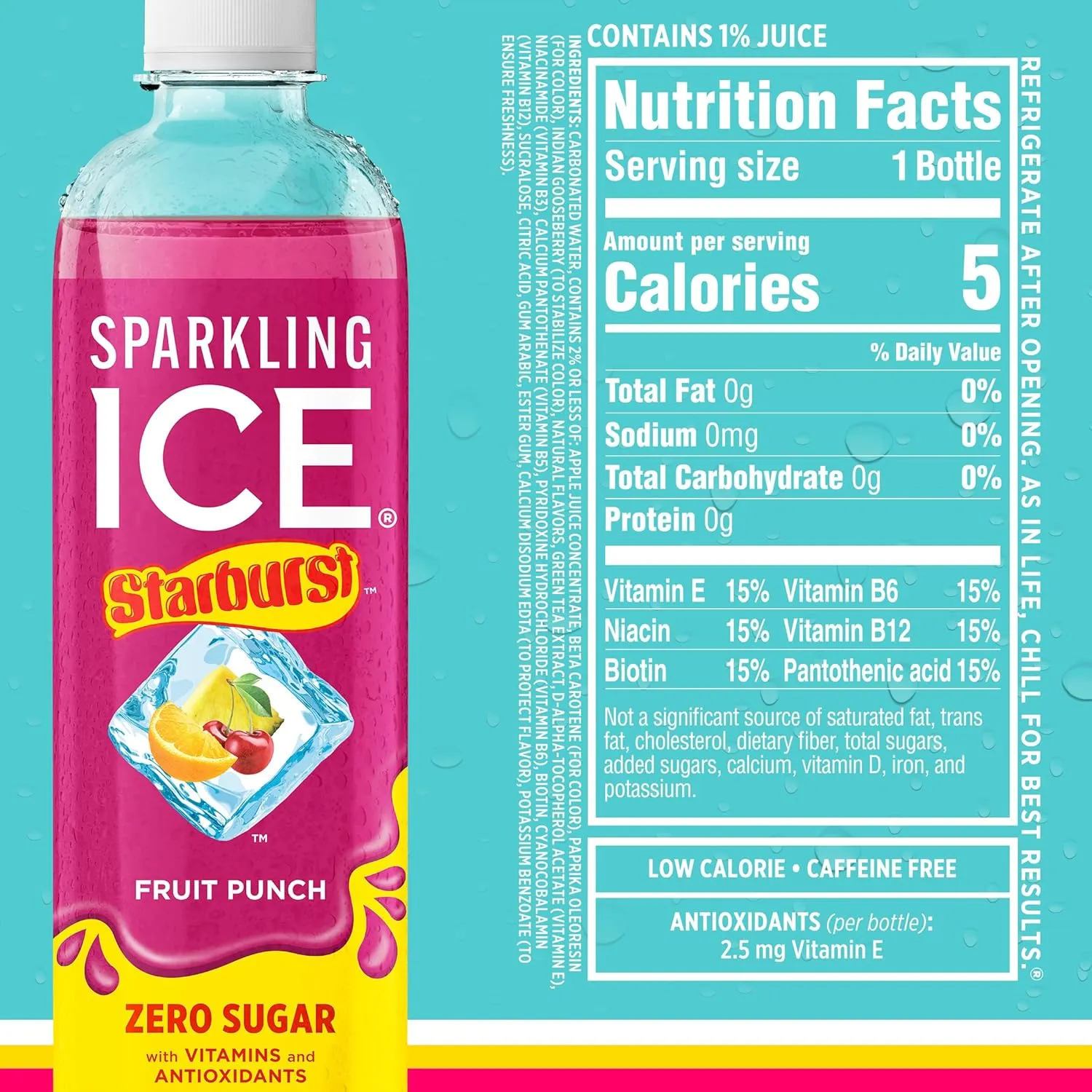 Sparkling Ice STARBURST Red Variety Pack, Zero Sugar Flavored Sparkling Water, with Vitamins and Antioxidants, Low Calorie Beverage, 17 fl oz, 12 count (Kiwi Strawberry, Starburst Fruit Punch, and Starburst Watermelon)