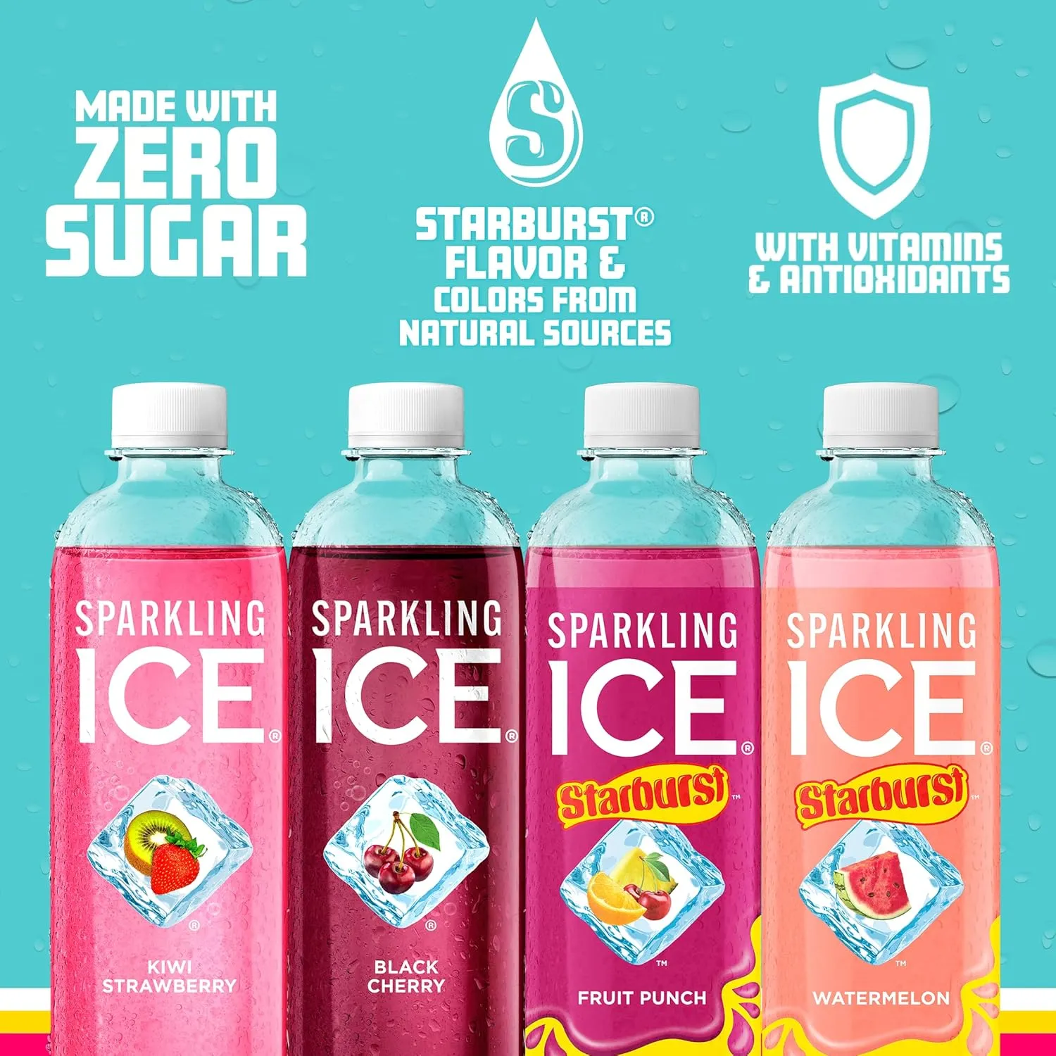 Sparkling Ice STARBURST Red Variety Pack, Zero Sugar Flavored Sparkling Water, with Vitamins and Antioxidants, Low Calorie Beverage, 17 fl oz, 12 count (Kiwi Strawberry, Starburst Fruit Punch, and Starburst Watermelon)