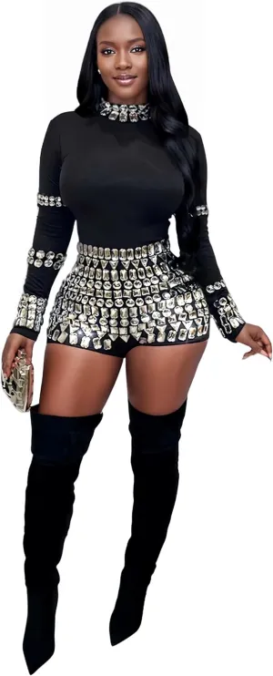 Sparkly Rhinestone Romper Birthday Outfit for Women Sexy Party Night 2025