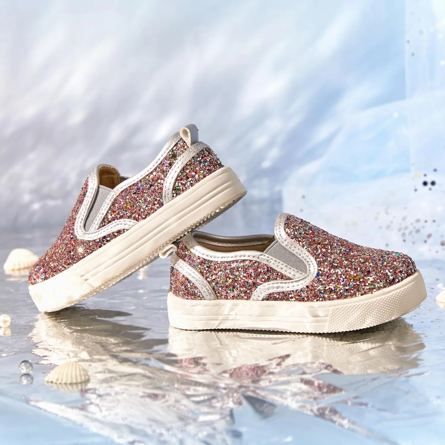 Sparkly Sneakers for Girls 3-12 Years Slip-On Comfort Fit Casual Princess Shoes