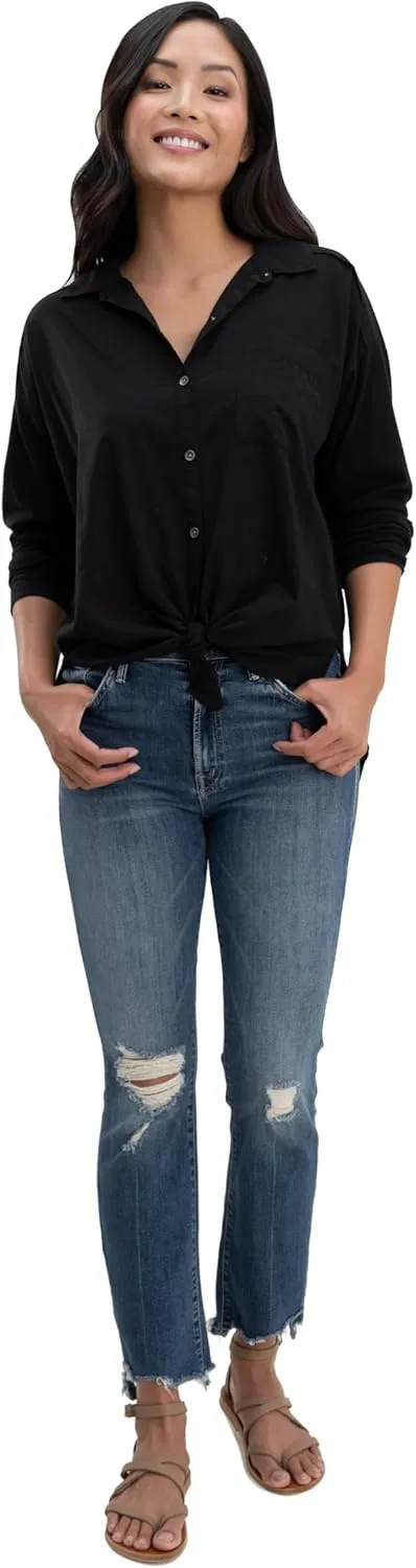 Splendid Women's Paige Shirt | Elegant Woven Front, Cozy Knit Back, and Chic Tie Collar