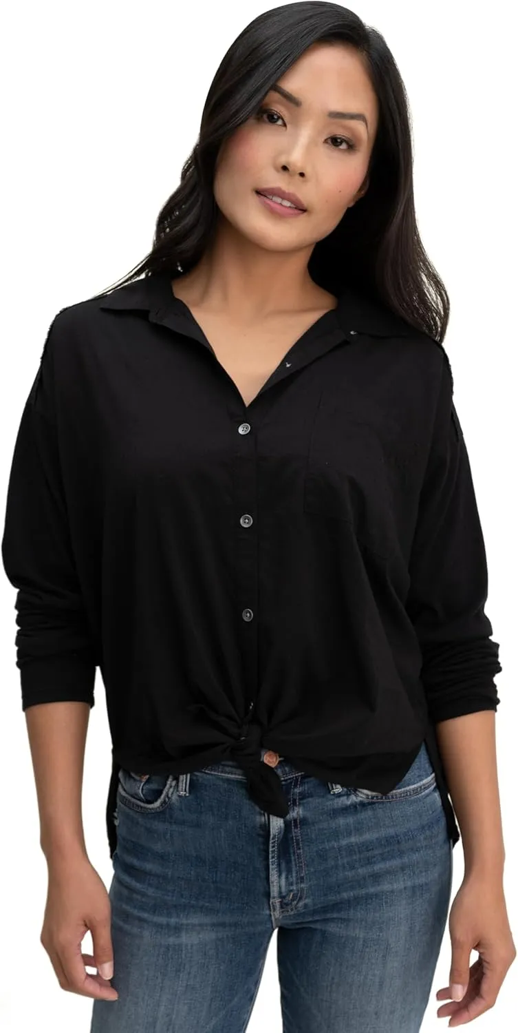 Splendid Women's Paige Shirt | Elegant Woven Front, Cozy Knit Back, and Chic Tie Collar
