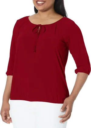 Star Vixen Women's 3/4 Sleeve, Front Tie Peasant Top, Burgundy, Petite/Small